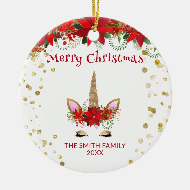 Photo Poinsettia Unicorn med röd jul Julgransprydnad Keramik (Framsidan)