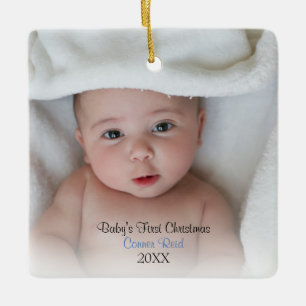 Photo Pojke Blue Baby Första jul Julgransprydnad Keramik
