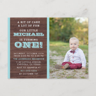 Photo Pojke First Birthday Wooden Background Inbjudan Vykort