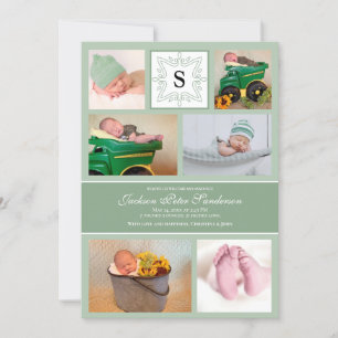 Photo Pojke Grönt Birth Announcement Monogram Meddelande