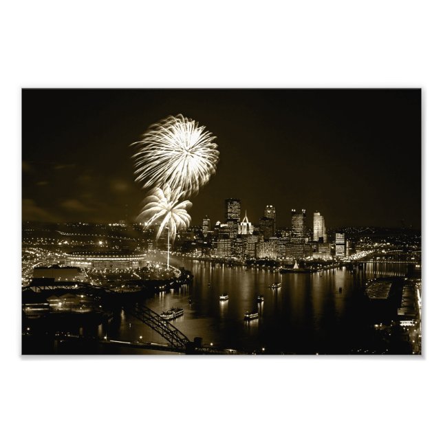 Photo Premium-Pittsburgh Natt/Fireworks-Sepia Fototryck (Framsidan)