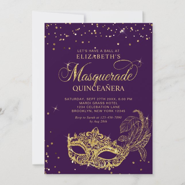 Photo Purple Gold Glitter Masquerade Quinceañera Inbjudningar (Framsida)