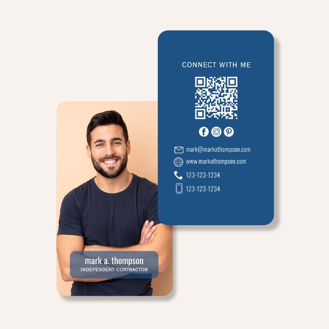 Photo QR Code Connect With Me Blue Modern Visitkort (Blue QR code contact card with photo and clean corporate style design)