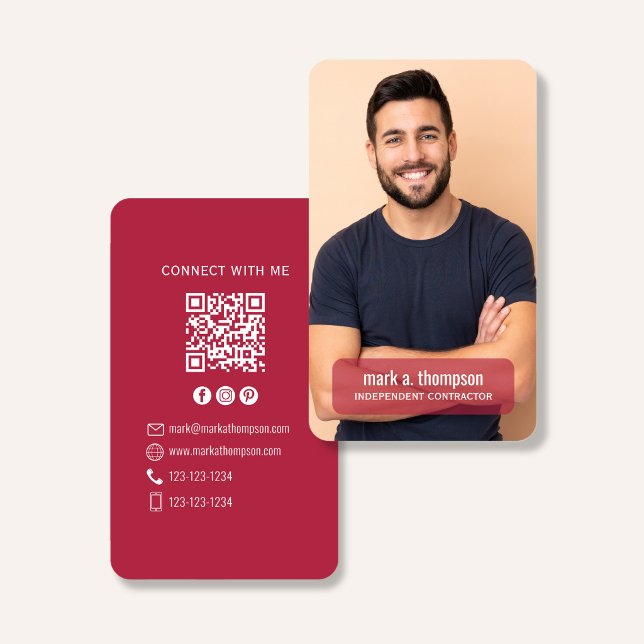 Photo QR Code Connect With Me Burgundy Modern Visitkort (Elegant burgundy QR code contact design with photo and clean modern layout)