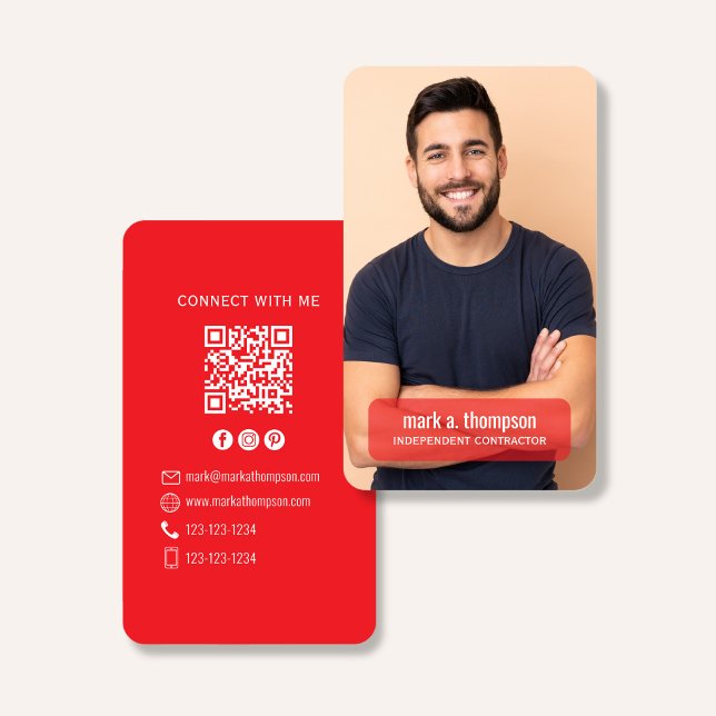 Photo QR Code Connect With Me Red Modern Visitkort (Bold red QR code contact design with photo and clean modern professional layout)