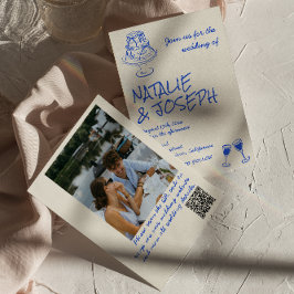 Photo QR Code Hand Drawn Blue Cake Bows Wedding  Inbjudningar