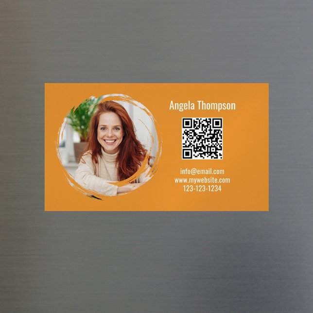Photo QR Code Orange Modern Magnetic  Magnetiska Visitkort (Business card magnet with scannable QR code. )