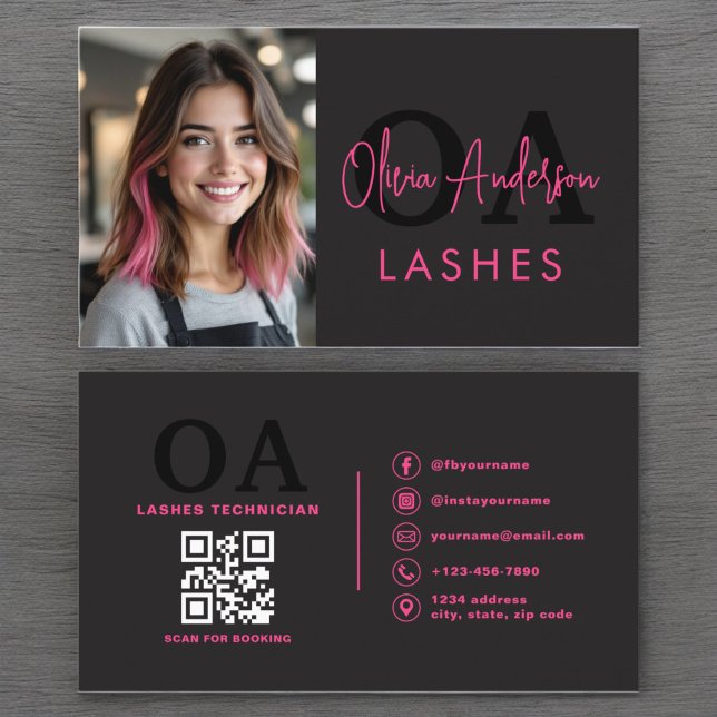 Photo QR-kod Öga Lash Technician Shock rosa Black Visitkort (Skapare uppladdad)