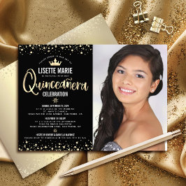Photo Quinceañera Black Guld Glitter Girly Tiara Inbjudningar