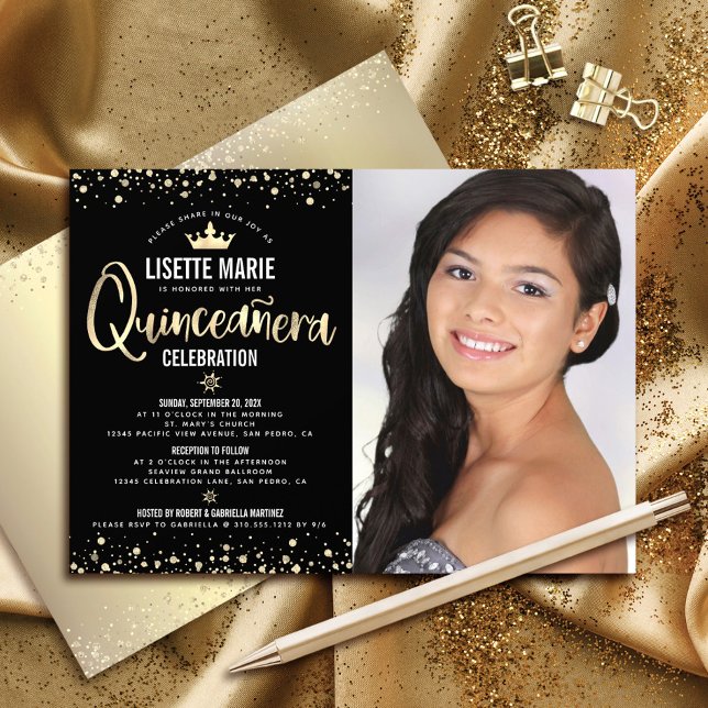 Photo Quinceañera Black Guld Glitter Girly Tiara Inbjudningar (Skapare uppladdad)