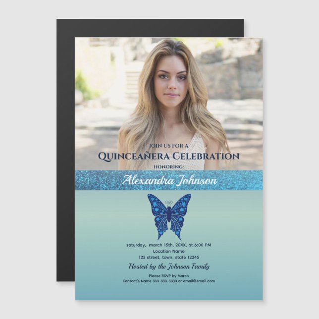 Photo Quinceanera Glitter Blue Butterfly Magnetisk Inbjudningskort (Fram/baksida)