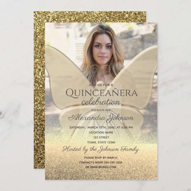 Photo Quinceanera Glitter Guld Butterfly Inbjudningar (Fram/baksida)