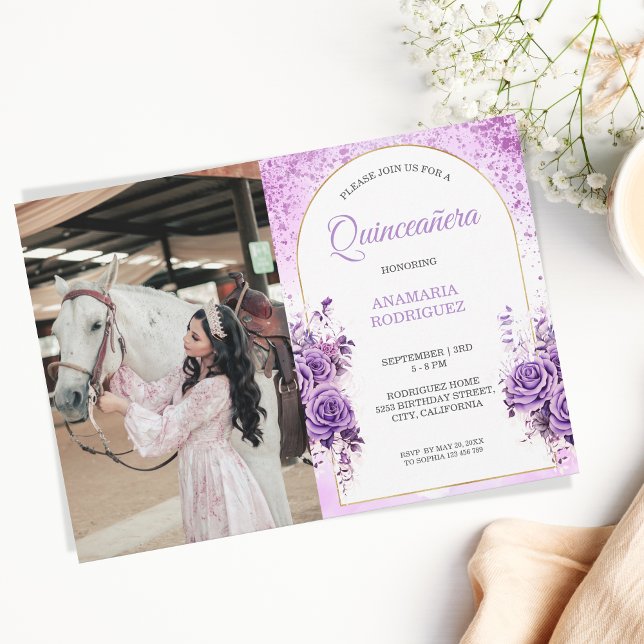 Photo Quinceañera Lila Ro Blommigt Butterflies Inbjudningar (Skapare uppladdad)