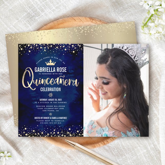 Photo Quinceañera Navy Guld Glitter Princess Krona Inbjudningar (Skapare uppladdad)