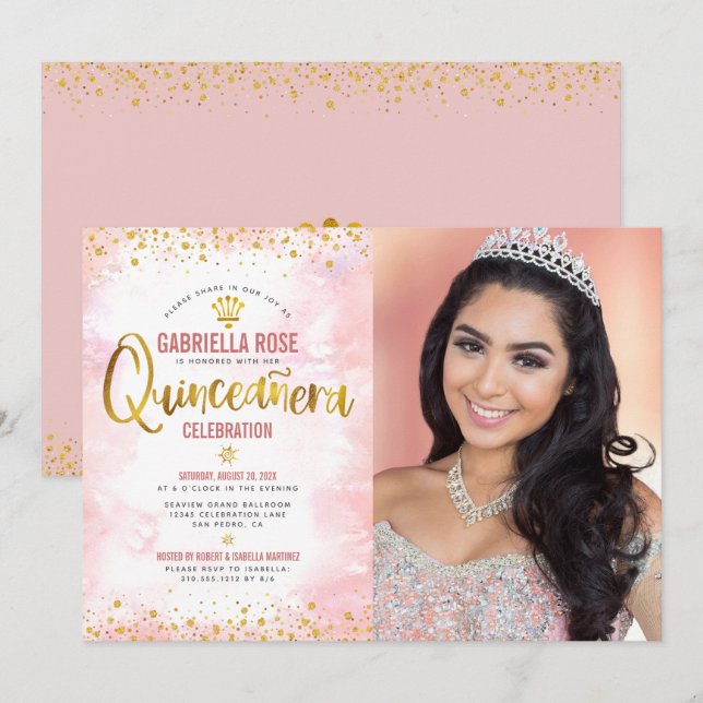Photo Quinceañera  Rosa Guld Glitter Tiara Inbjudningar (Fram/baksida)