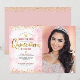 Photo Quinceañera Rosa Guld Glitter Tiara Inbjudningar