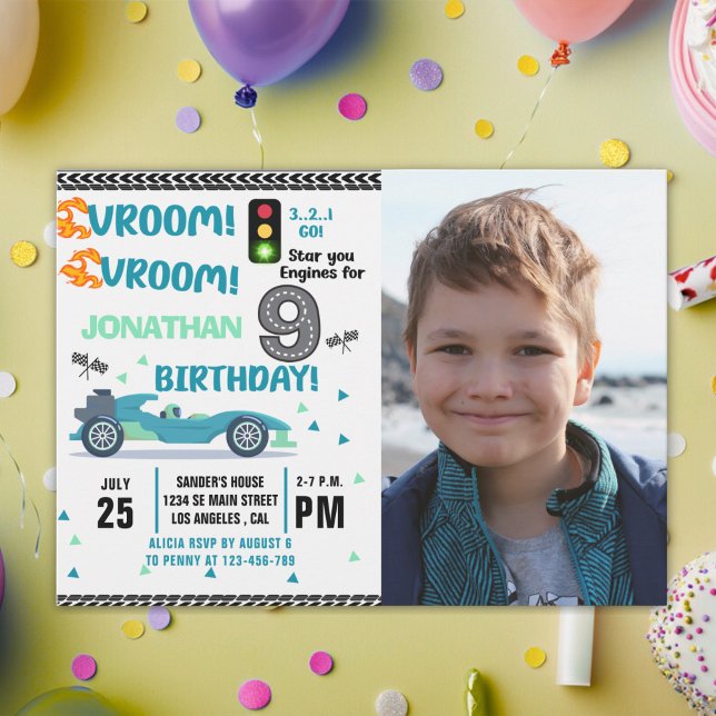 Photo Race Car • 9th Birthday Boy Inbjudningar (Skapare uppladdad)