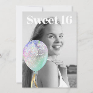 ~* PHOTO Rainbow Sweet 16 Balloon AP29 Birthday Inbjudningar