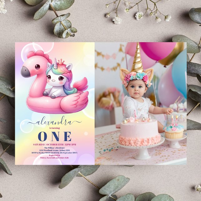 Photo Rainbow Unicorn 1st Birthday Girls Pastel Inbjudningar (Skapare uppladdad)