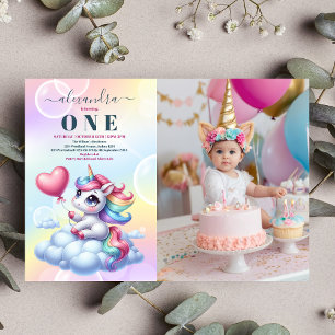 Photo Rainbow Unicorn Guld Glitter 1:a födelsedag Inbjudningar
