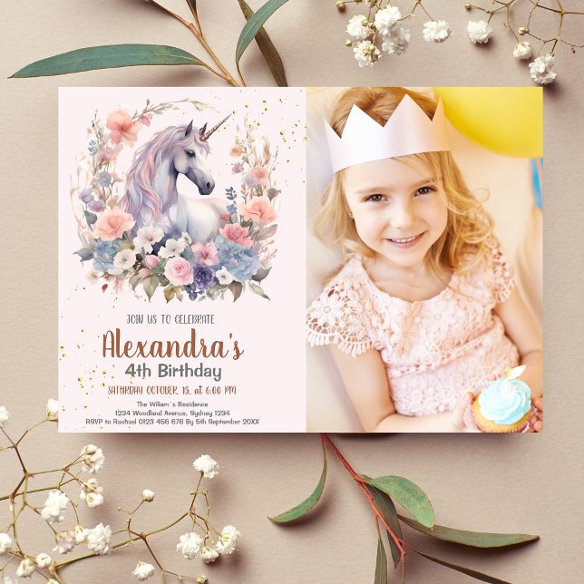 Photo Rainbow Unicorn Guld Glitter Girl Birthday Inbjudningar (Skapare uppladdad)