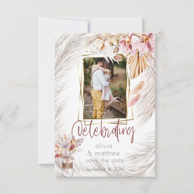 Photo Ram Rustic Burgundy Rosa Ivory Pampas Gras Inbjudningar (Framsida)