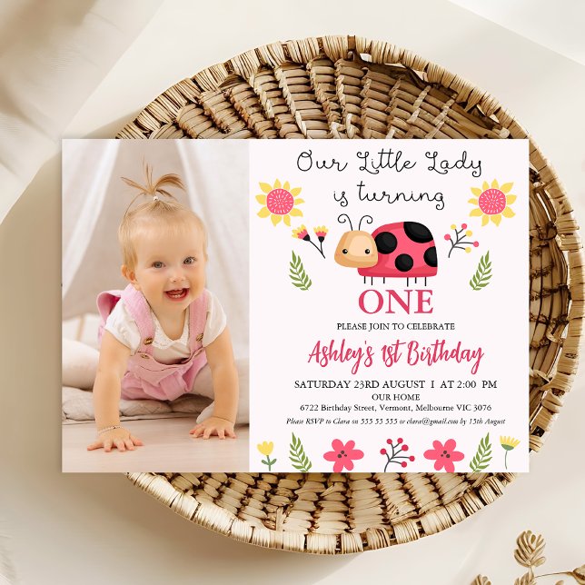 Photo Red Black Little Ladybug 1:a födelsedagen Inbjudningar (Girls Ladybug Themed 1st Birthday Invitation Template With Photo, Cute Ladybug Birthday Invitation)