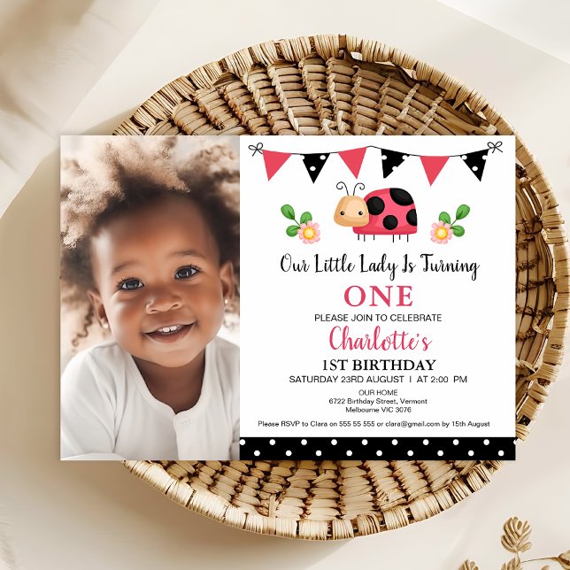 Photo Red Black Polka dots Ladybug 1:a födelsedag Inbjudningar (Ladybug 1st Birthday Invitation Template, Our Little Lady ladybug Birthday Invitation Bunting Flags)