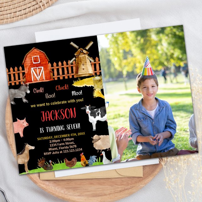 Photo Red Black Red Boskap Birthday Inbjudningar (Photo Red Black Red Farm Animals Birthday Invitation)