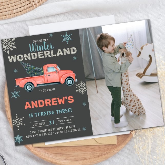 Photo Red Lastbil Winter Wonderland-inbjudningar Inbjudningar (Photo Red Truck Winter Wonderland Invitations)