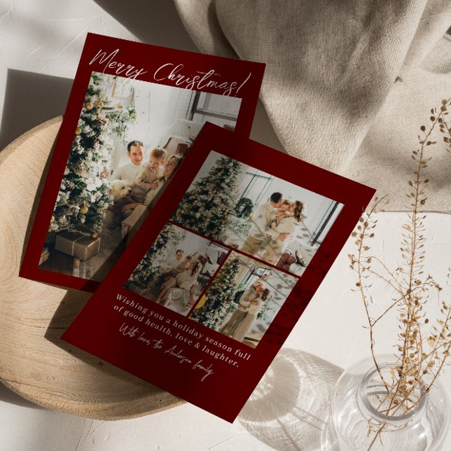 Photo Red Maroon Winter Modern Family Jul Julkort (Skapare uppladdad)