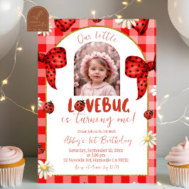 Photo Red Plaid Bow Coquette Lovebug Birthday Inbjudningar