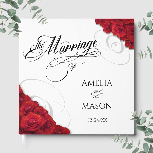 Photo Red Roses Calligraphy Script Square Wedding Gästböcker (Photo Red Roses Calligraphy Script Square Wedding Guest Book Front)