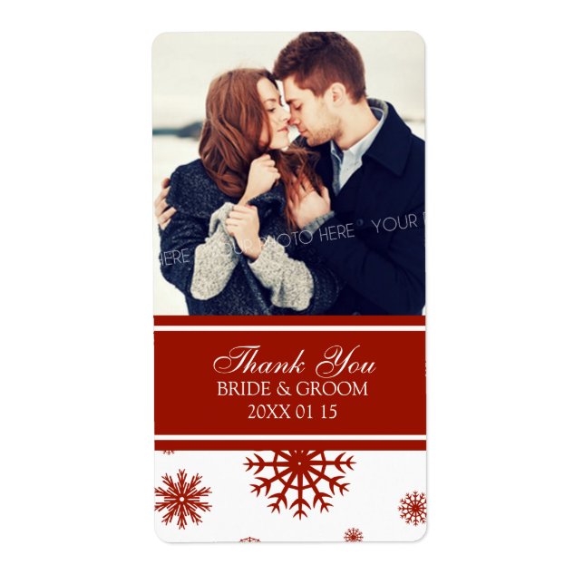 Photo Red White Snöflingor Winter Wedding Label Fraktsedel (Framsidan)
