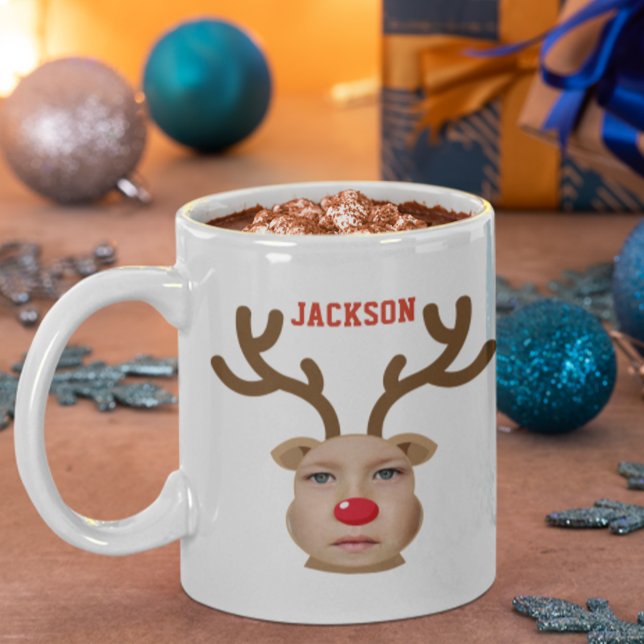 Photo Reindeer Ansikte Personlig mugg (Cute Photo Face Christmas Reindeer - Rudolf )