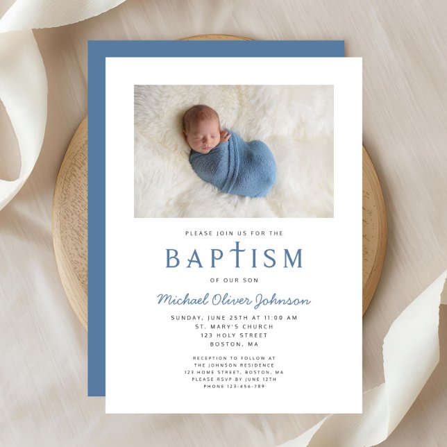Photo Religiösa Kor Blue Boy Baptism Inbjudningar (Photo Religious Cross Blue Boy Baptism Invitation)