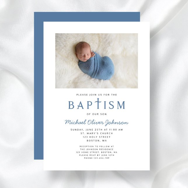 Photo Religiösa Kor Blue Boy Baptism Inbjudningar (Photo Religious Cross Blue Boy Baptism Invitation)