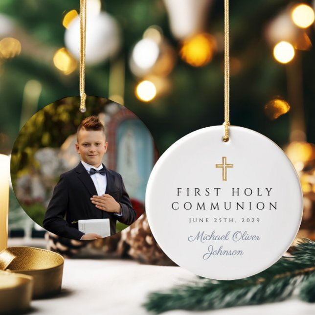 Photo Religiösa Kor Boy First Communion Julgransprydnad Keramik (Photo Religious Cross Boy First Communion Ceramic Ornament)