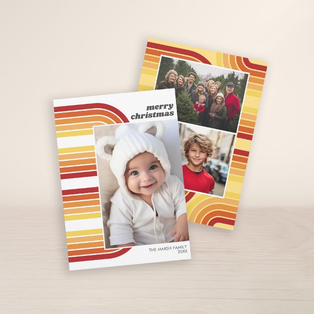 Photo Retro Arch Line Art och Off Center Pic Julkort (3 Photo Christmas Card with Retro 70s Stripes - Print and Download Option)