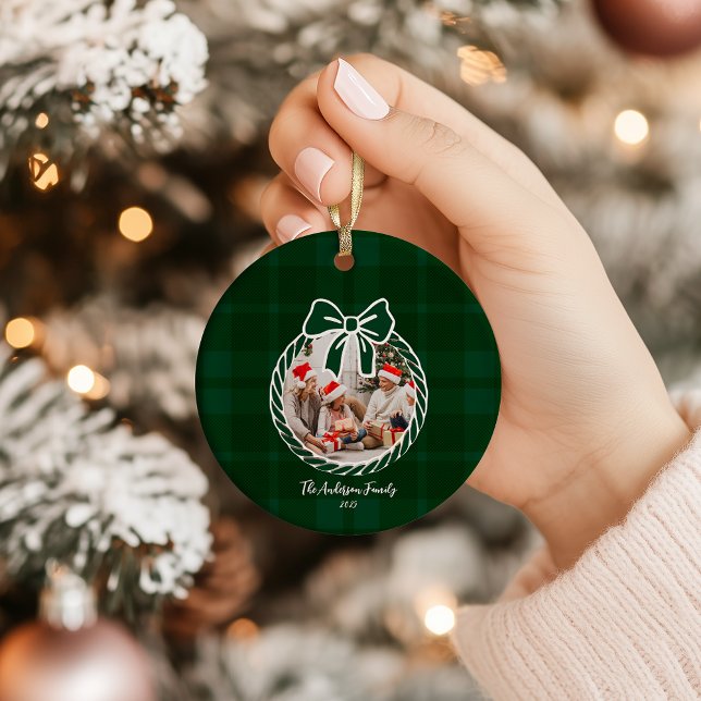 Photo Retro Green Plaid Whimsical Christmas  Julgransprydnad Keramik (Skapare uppladdad)
