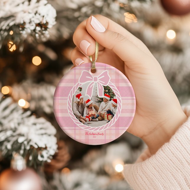 Photo Retro Pink Plaid Whimsical Holiday  Julgransprydnad Keramik (Skapare uppladdad)