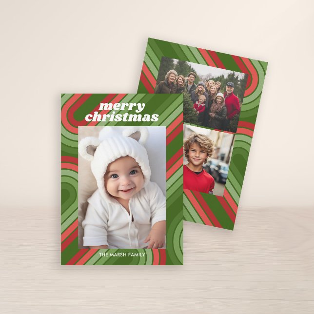 Photo Retro Rand - Funkyn Red Grönt Julkort (3 Photo Christmas Card with Retro 70s Stripes - Print and Download Option)