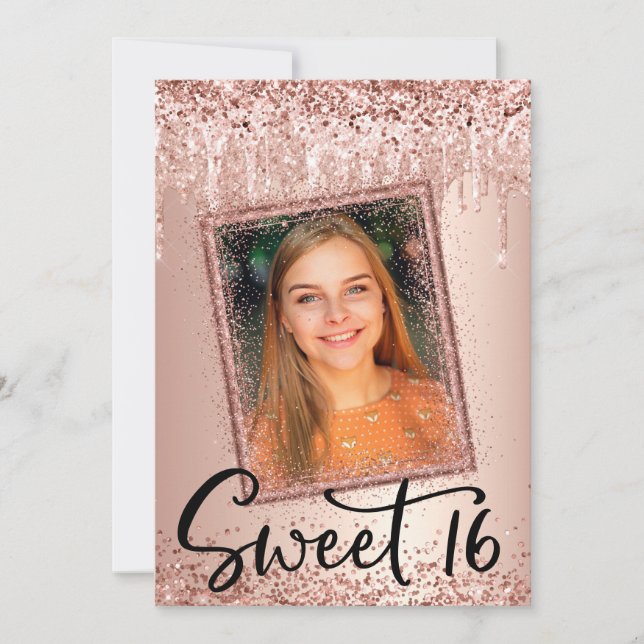Photo Ro Guld Glitter Drip Girly Modern Sweet 16 Inbjudningar (Framsida)