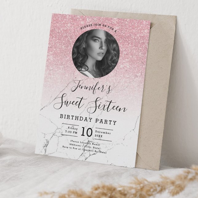 PHOTO Ro Guld Glitter Marble Sweet 16 Party Inbjudningar (PHOTO Rose Gold Glitter Marble Sweet 16 Party Invitation)