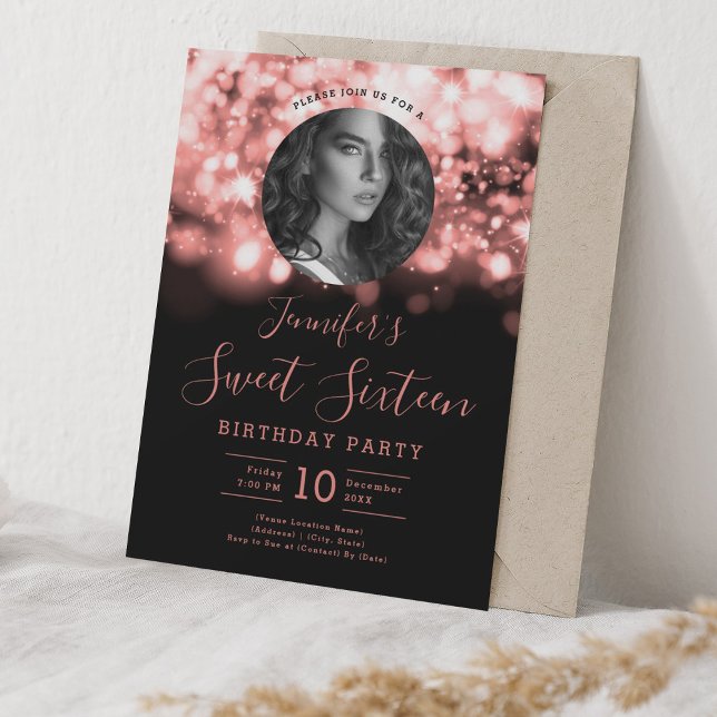 PHOTO Ro Guld Hollywood Ljus Sweet 16 Party Inbjudningar (PHOTO Rose Gold Hollywood Lights Sweet 16 Party Invitation)