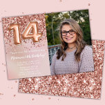 Photo Ro Guld Kids Girl 14:e Födelsedagsfesten Inbjudningar<br><div class="desc">Foto elegant ro guld födelsedagsfest inbjudan för en 14-årig flicka med skrivmanus och ballonger för roligt av elegant.</div>