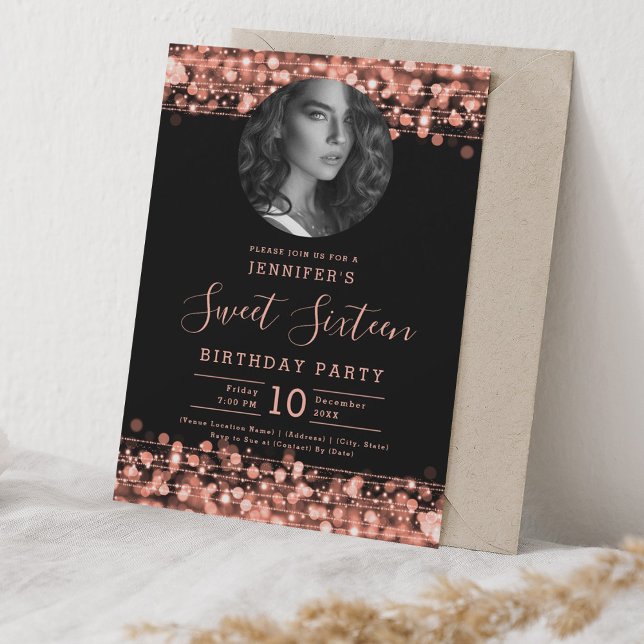 PHOTO Ro Guld Sparkles Sweet 16 Födelsedagsfest Inbjudningar (PHOTO Rose Gold Sparkles Sweet 16 Birthday Party Invitation)
