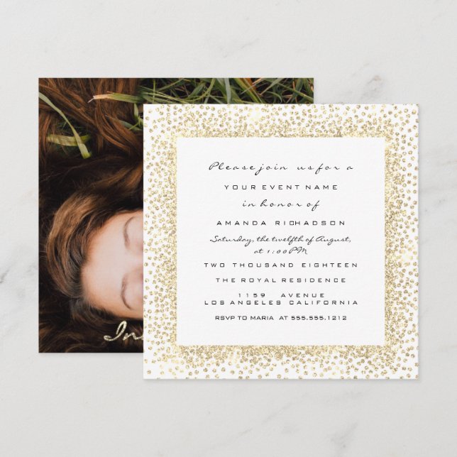 Photo Ro Möhippa Guld White Confetti Ram Inbjudningar (Fram/baksida)