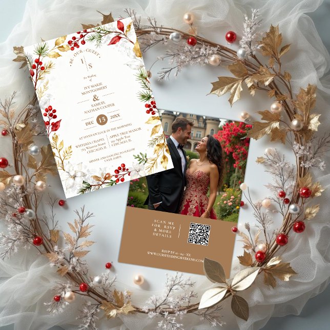 Photo Romantic Winter Nature Frame Wedding Inbjudningar (Romantic Winter Nature Frame Wedding Invitation Cards with Photo on Back and Modern QR Code. )