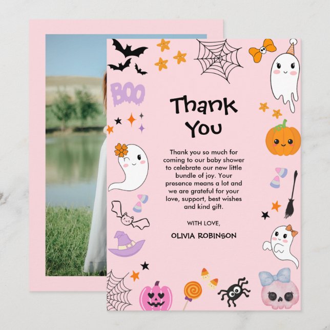 Photo Rosa A Little Boo Cute Halloween Baby Shower Tack Kort (Fram/baksida)